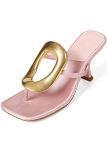 Metallic Women Flip Flops Sandals Kitten Heels Square Toe Colorful Metal Sexy Fashion Elegant Dress Summer Shoes - Hồng - Xem 4