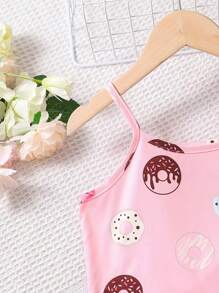 Young Girls Sweet Casual 2 Pieces Set, Donut Print Camisole Top And Donut Print Shorts