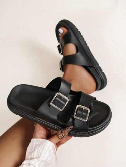 Ladies' Round Toe Double Buckle Strap Thick Sole Black Slide Sandals,Slip Resistant Casual Indoor Slippers Suitable For Beach Holiday,Plus Size, Fashion Versatile