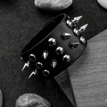 Xiacheng 1/6pcs Set Rivet Skull Devil Black Punk Rock Goth Motorcycle Adjustable Wide Leather Bracelet Unisex - Black - View 7