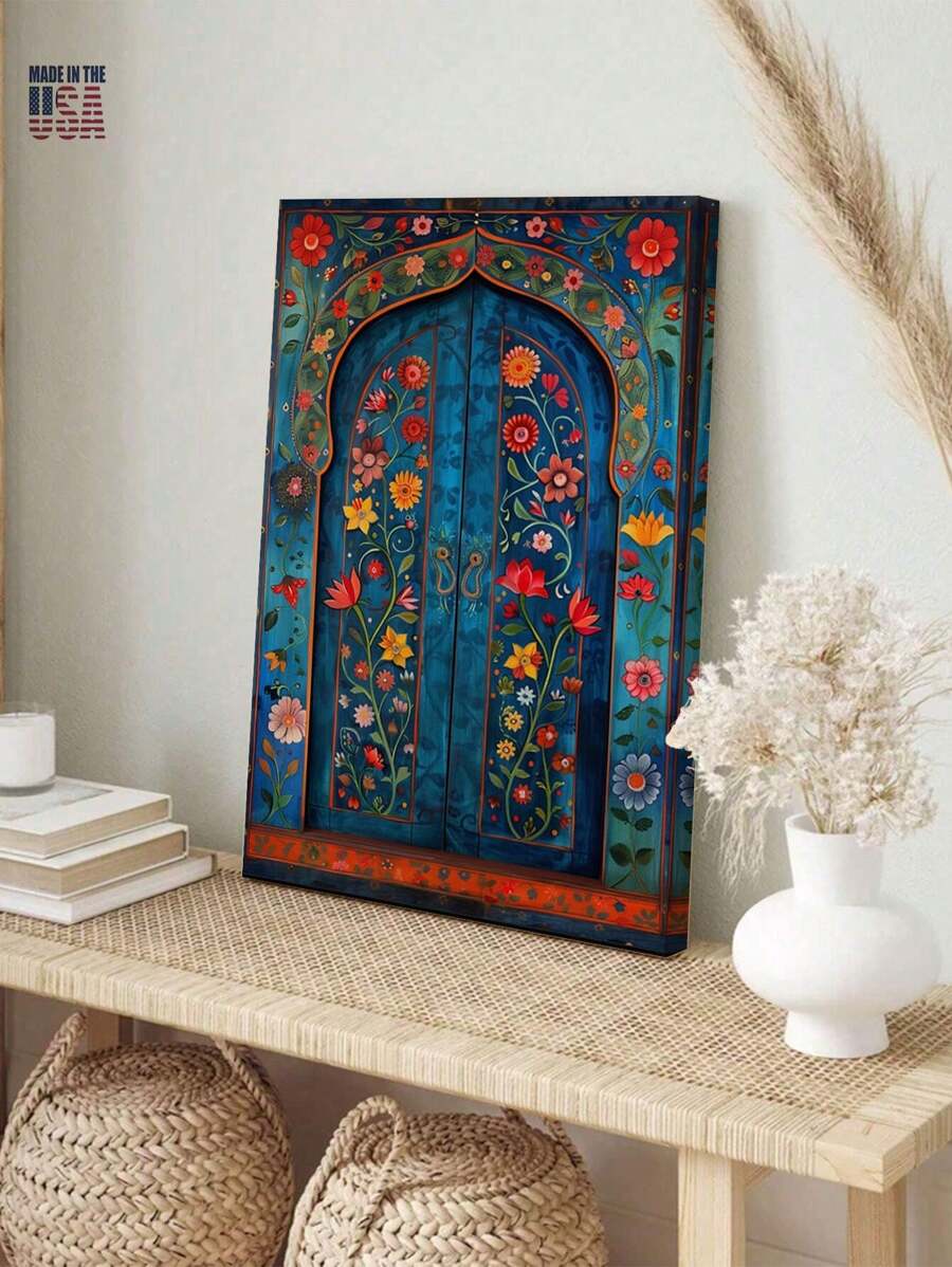 1Pc Wood Frame In-Dian Wall Art Set Painting Style In-Dian Doors, Living Room Decor, Canvas Painting For Bedroom, Office, Bathroom, Restaurant, Cafe Or Hotel Wall Decorative Painting, Stretched And Framed Ready To Hang - Màu xanh hải quân - Xem 1