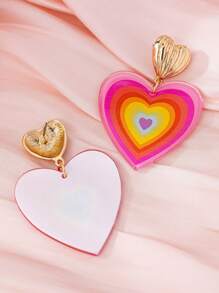 1 par de pendientes con colgante de corazón de acrílico de colores arcoíris para mujeres, adecuados para uso diario y el Día de San Valentín - Rosa - Ver 4