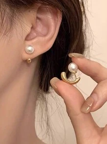 1 对简约小巧仿珍珠百搭耳钉，适合女性日常佩戴、约会、旅行 - 金黃色 - 查看 3