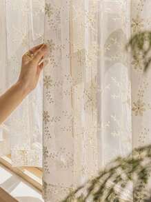 1 件纯色双荷叶边蕾丝边饰，简约别致清新窗纱装饰窗帘，适合所有季节 - 米色 - 查看 3