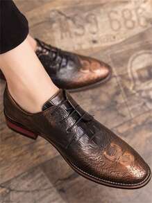 Men's Formal Pointed Toe Lace-Up Embossed Leather Dress Shoes - Brown - View 5