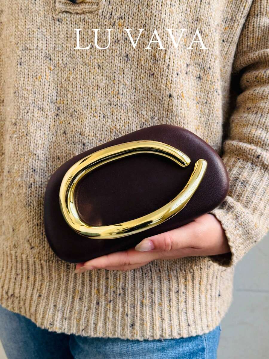 优雅精致的勃艮第棕色 PU 手提包，金色五金装饰，新颖豆袋。适合女性日常约会、度假、晚宴、婚礼服装搭配、新年服装推荐。，女士包包优雅、奢华