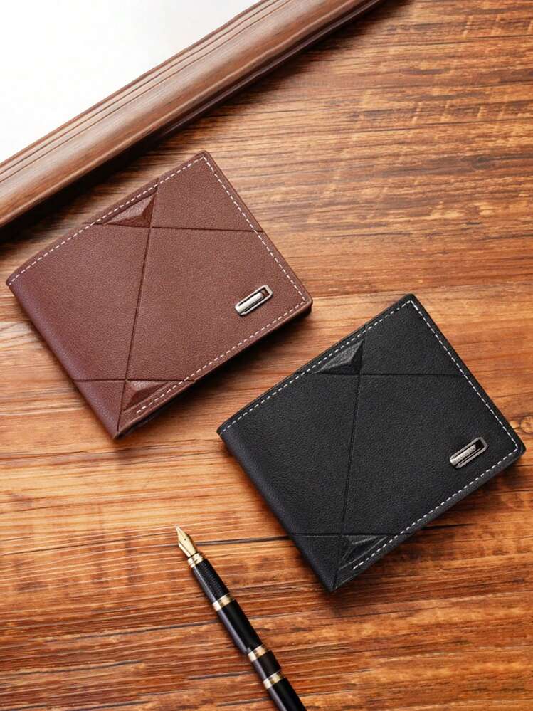 1-3pcs/Set Men's PU Leather Short Wallet, Fashionable Plaid Soft Wallet, Large Capacity Multi-Card Slots, Can Store Large Bills, Minimalist Coin Pouch, Credit Card, Bank Card, ID, Photo Card Slots, Business Casual Style, Ideal Gift For Men's Birthday Or Partner, Youth Fashion Style, Large Capacity Multi-Card Slots, Business Casual Style, Birthday Gift, Graduation Gift, Father's Day Gift - Multicolor - View 2