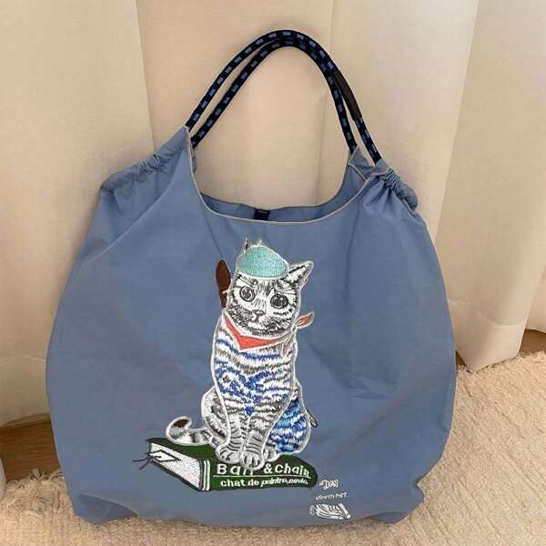 Nova moda casual nylon bordado gato padrão leve sacola de compras, bolsa feminina