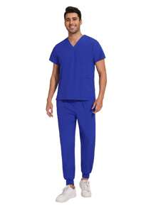 手术服套装男多色短袖上衣+慢跑裤套装护理慢跑裤宠物兽医工作手术服制服男护士套装 - 寶藍色 - 查看 3