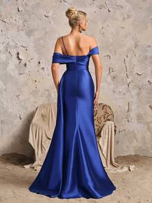 Vestido Longo Assimétrico de Baile Gracioso, Cintura Alta Para Mulheres, Fenda Lateral Drapejada, Elegante Vestido de Noite Formal Para Baile, Formatura ou Jantar - Azul Royal - Visão 2