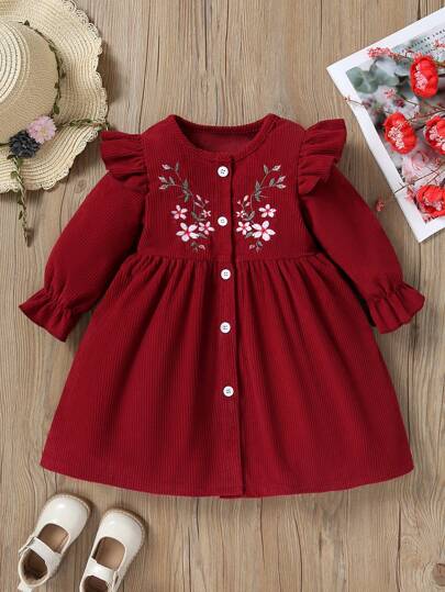 Cute Fuchsia Corduroy Embroidered Cap Sleeve Baby Girls' Long Dress