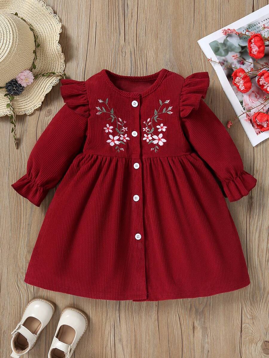 Cute Fuchsia Corduroy Embroidered Cap Sleeve Baby Girls' Long Dress - Burgundy - View 1