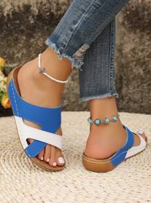 Chunky Sole Multicolor Strap Cross Sandals, Hook And Loop Beach Summer Wedge Roman Style Open Toe Slides