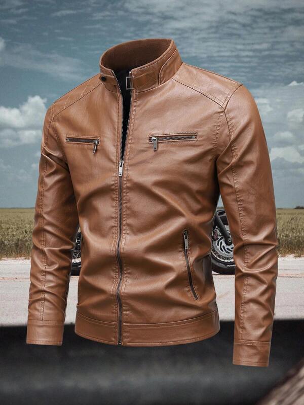 1 Stück khaki Herren Outdoor Motorrad Brust Reißverschluss Stehkragen PU Lederjacke, Frühling/Sommer Biker Ledermantel