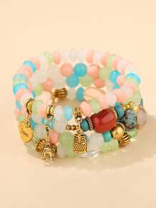 4 件波西米亚风格复古印花串珠手链首饰套装，适合女士 - 彩色 - 查看 6