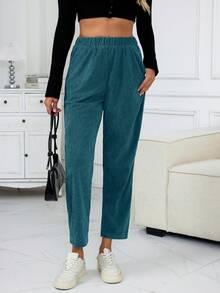 Women's Solid Color Casual Corduroy Straight Leg Pants With Pockets - Blue - View 6