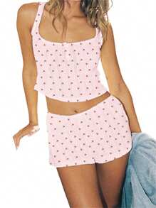 Women's Summer Lounge Set Sleeveless Bear/Heart/Cherry Print Cami Tops Shorts Sleepwear Sets - 粉色 - 查看 1