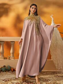 AmazingHoney Elegant Pink Loose-Fit Kaftan Dress With Gold Sequin Embellishments, Party Modest Abaya, Formal Muslim Dress, Evening Gown, Abaya Dress (Loose Fit– Please Check Size Chart) - Pink - View 7