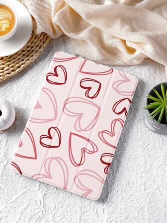 1 件粉色线条心形图案平板电脑保护壳，兼容 iPad 10.2 英寸/iPad Pro 11 2021/2020/10th Gen/Mini4/5/6、Galaxy Tab A8 10.5 英寸 2022、Matepad 10.4/Tab，带铅笔槽，防震，平板电脑支架保护套