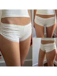 Women's Summer Soft Pajama Shorts Elastic Band Low Rise Lace Trim Lounge Shorts - 白色 - 查看 2