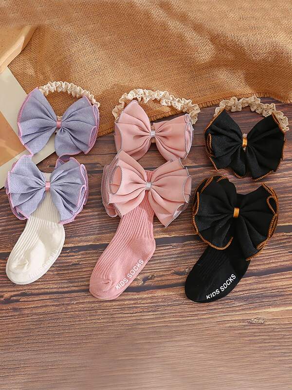 Sweet Girl Bow Decor Princess Headband & Cotton Knee High Sock Set, Suitable For Baby's 1st Birthday Photo Shoot & Everyday Wear