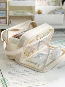 Dual-Side Pocket Pencil Bag Pen Case Multi Layer Transparent Back With Handle Storage Pouch For Stationery School - Multicolor - View 6