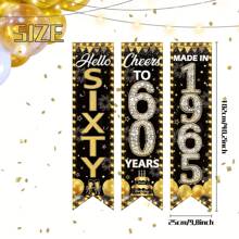 3 piezas Decoraciones para el 60th cumpleaños de hombres y mujeres - Pancarta de "Feliz 60th cumpleaños" Decoraciones para fiesta de cumpleaños Brindis a 60 años Suministros para fiesta de cumpleaños Fondo negro y dorado para decoración del 60th cumpleaños