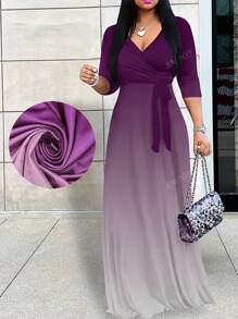 Plus Size Women's Deep V-Neck Elegant Long Sleeve Dress, Printed Knit Fabric, Women Summer Vacation Outfits