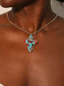 1 pièce Collier pendentif croix en cristal de turquoise de style boho occidental, perle de faux. Convient pour les vacances, les fêtes, les cadeaux et le port quotidien pour les femmes