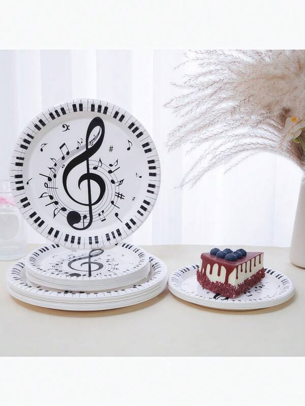 Conjunto de 12/24 peças, talheres descartáveis, bandeja de papel descartável com tema de músico, bandeja de papel de 7 polegadas, bandeja de papel de 9 polegadas, bandeja de comida, bandeja de festa, material, adequado para festas musicais, festas de aniversário, casamentos, chás de panela, recepções, festas, piqueniques, acampamentos, churrascos e outras decorações e presentes de Natal
