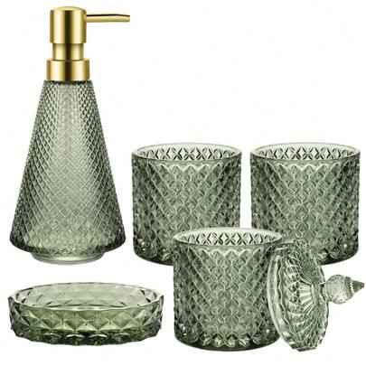 Juego de 5 piezas de lujo para el baño - Accesorios modernos en dorado y azul que incluyen dispensador de jabón, portacepillos de dientes y talla grande decoración para el baño en verano