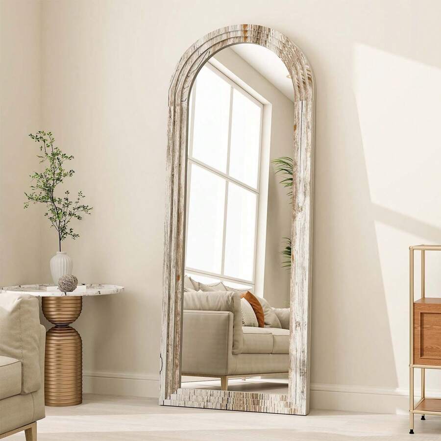 21"X 64" Classic Paulownia Wood Framed Arched Full Length Mirror, White - 1 - View 1