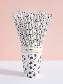 10/25/50/100 支足球主题白色背景纸质吸管，一次性餐具吸管，适用于生日、派对、居家、酒吧、饮料店、野餐、派对用品、圣诞礼物 - 彩色 - 查看 3