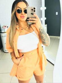Linen Set / Shirt And Shorts / With Elastic Waistband - Màu xanh chanh - Xem 1