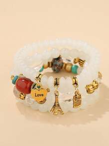 4 件波西米亚风格复古印花串珠手链首饰套装，适合女士 - 彩色 - 查看 8