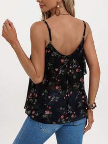 New Vintage Style Elegant Women Summer Cami Top, Casual Vacation Semi-Sheer Floral Print Camisole, Home Office Ruffle Strap Tank Top