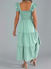 New Summer Square Neck Mint Green Dress Tiered Smocked Backless Sleeveless Pure Color Midi Slip Beach Cover Up Resort Ready Womens Vacation Sundress - Màu xanh Bạc hà - Xem 2