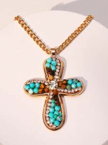 1 pièce Collier pendentif croix en cristal de turquoise de style boho occidental, perle de faux. Convient pour les vacances, les fêtes, les cadeaux et le port quotidien pour les femmes