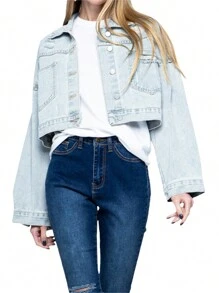 Women Crop Jean Jacket Casual Button Down Ripped Denim Jacket With Rhinestone Tassel Fall Outwear - Light Blue - View 1