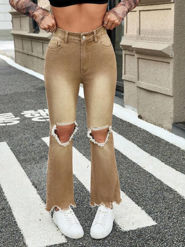 Standard Size Women's Denim Flared Jeans, Khaki Distressed Knee Ripped Asymmetric Hem