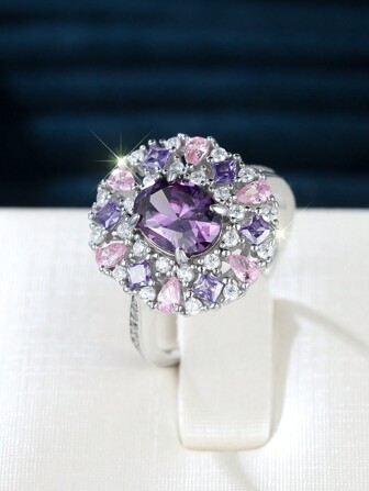 1pc Luxurious Alluring Colored Crystal Flower Shaped 925 Sterling Silver Ring, Fashion Party Birthday Wedding Engagement Gift, Valentine's Day Present