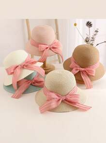 1 件装女孩可爱公主粉色蕾丝蝴蝶结草编太阳帽，公主风格防紫外线沙滩帽，适合日常佩戴 - 絲帶 - 查看 2