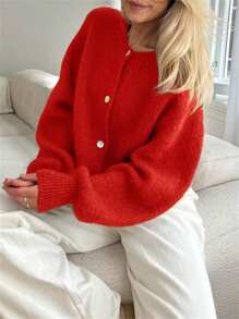 Women's Solid Color Cardigan Fuzzy Long Sleeve Button Down Sweater Soft Knit Tops Outerwear - Red - View 3