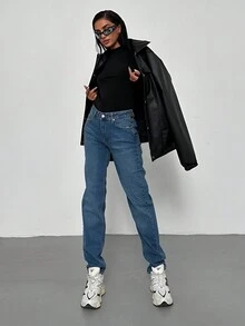 Medium Blue High-Waisted Denim Pants - Comfortable And Stylish Design - Blue - View 4