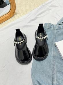 Girls Leather Shoes Fashion Loafers Toddler Lolita Style Princess Pearl Shoes, Outdoor Suitable For Spring & Autumn