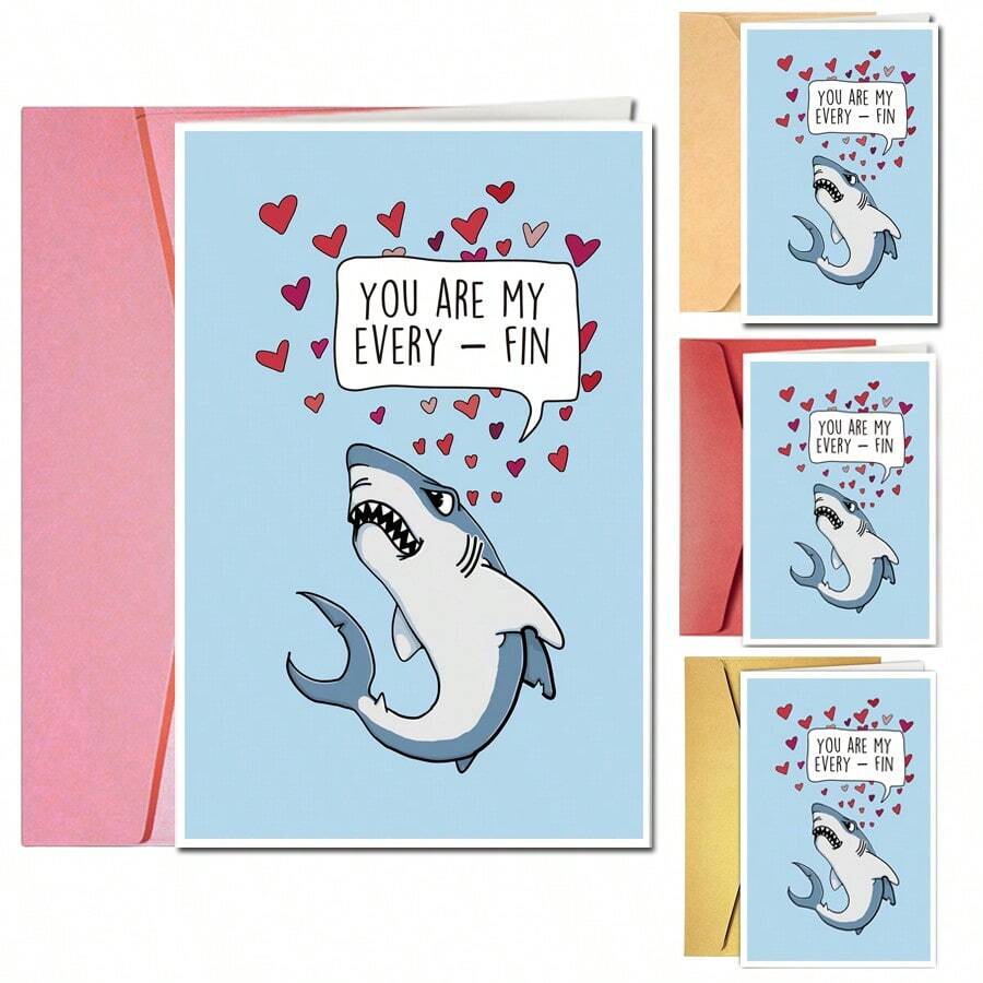 1 件有趣的鲨鱼情人节卡片，送给丈夫男朋友，可爱的鲨鱼周年纪念卡，来自妻子女朋友，动物情人节卡片，“你是我的一切。” - 4 色信封