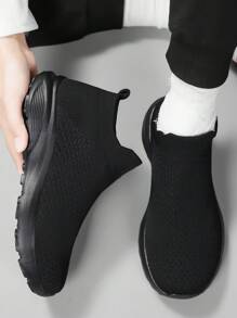 男女款宽版厚底休闲运动鞋，针织透气柔软鞋面，宽版多功能休闲鞋 - 黑色 - 查看 3