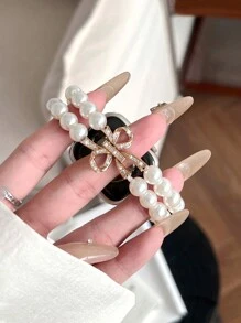 1 件女式白色金属时尚仿珍珠水钻蝴蝶结松紧带，适用于 38/40/41/44/45/49/42/46 毫米系列 11/SE3/Ultra3/Ultra/SE/SE2/10/9/8/7/6/5/4/3/2/1 - 白珍珠-玫瑰金蝴蝶結 - 查看 3