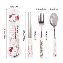 Sanrio Juego de 4 piezas de cubiertos de acero inoxidable con diseño de Hello Kitty - Set de tenedor, cuchara, palillos y bolsa térmica aislada portátil para llevar la comida, ideal para estudiantes, trabajadores y viajes