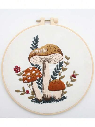 1 Set Mushroom Pattern Embroidery Kit With Embroidery Hoop, Thread, Needle And Instructions, DIY Crafting Supplies